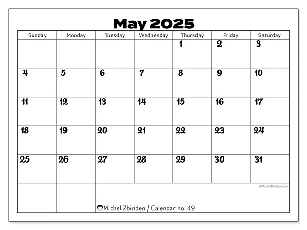 Free printable calendar no. 49, May 2025. Week:  Sunday to Saturday