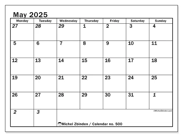 Printable calendar no. 500 for May 2025. Week: Monday to Sunday.