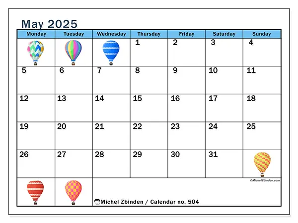 Printable calendar no. 504 for May 2025. Week: Monday to Sunday.