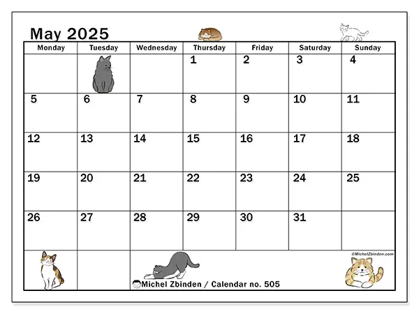 Printable calendar no. 505 for May 2025. Week: Monday to Sunday.
