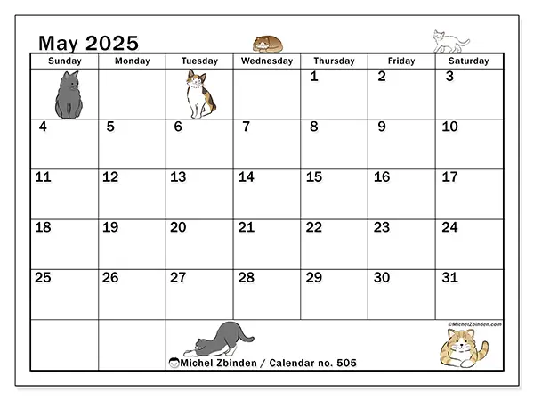 Free printable calendar no. 505, May 2025. Week:  Sunday to Saturday
