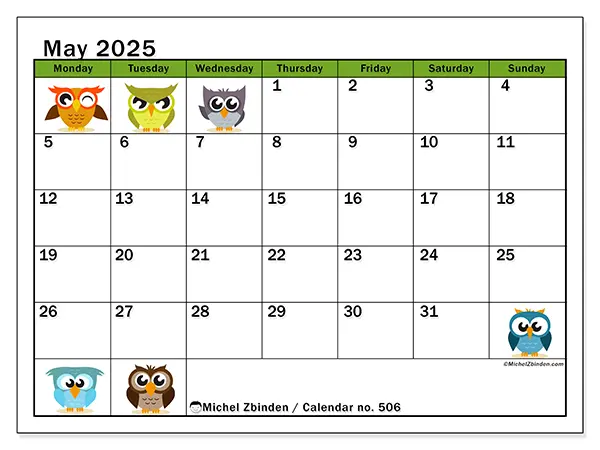 Printable calendar no. 506 for May 2025. Week: Monday to Sunday.