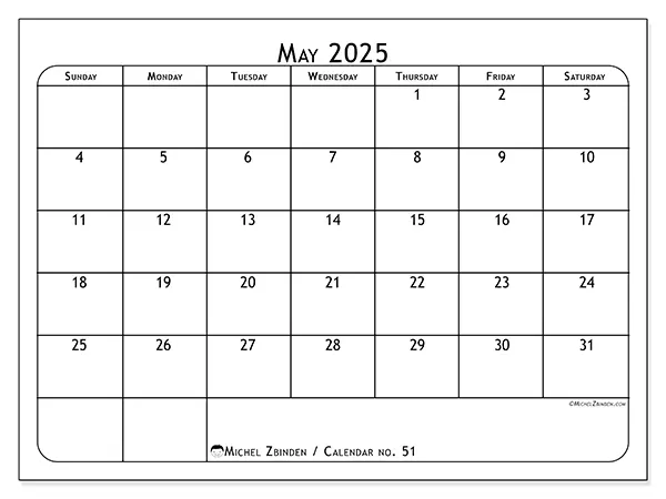 Free printable calendar no. 51, May 2025. Week:  Sunday to Saturday