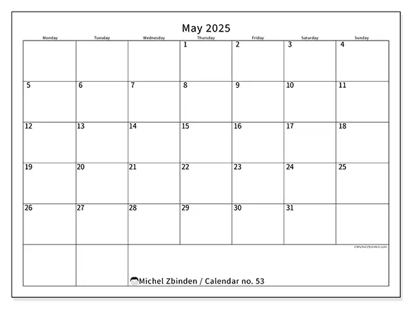 Printable calendar no. 53 for May 2025. Week: Monday to Sunday.