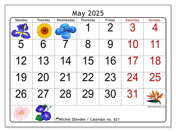 Printable calendar no. 621 for May 2025. Week: Monday to Sunday.