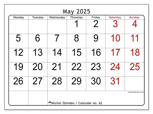 Printable calendar no. 62 for May 2025. Week: Monday to Sunday.