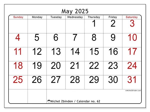 Free printable calendar no. 62, May 2025. Week:  Sunday to Saturday