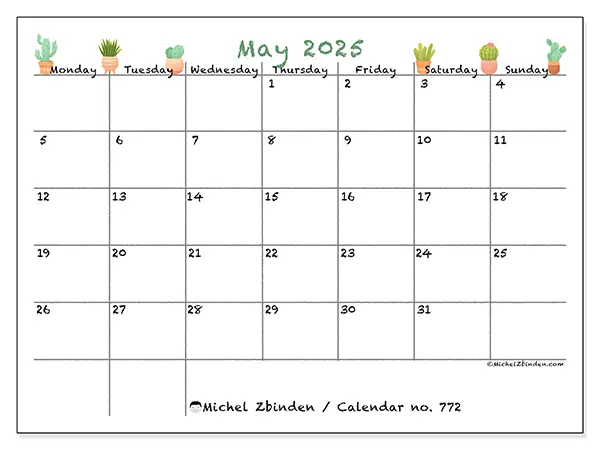 Printable calendar no. 772 for May 2025. Week: Monday to Sunday.