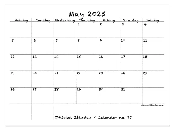 Printable calendar no. 77 for May 2025. Week: Monday to Sunday.