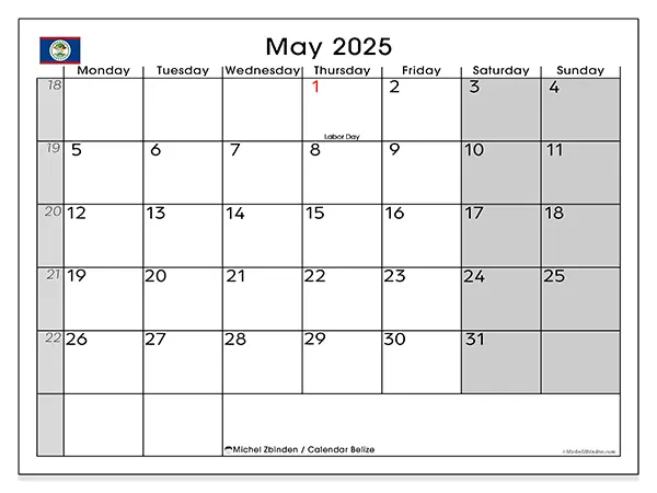 Belize printable calendar for May 2025. Week: Monday to Sunday.