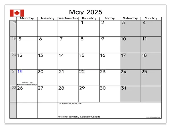 Canada printable calendar for May 2025. Week: Monday to Sunday.