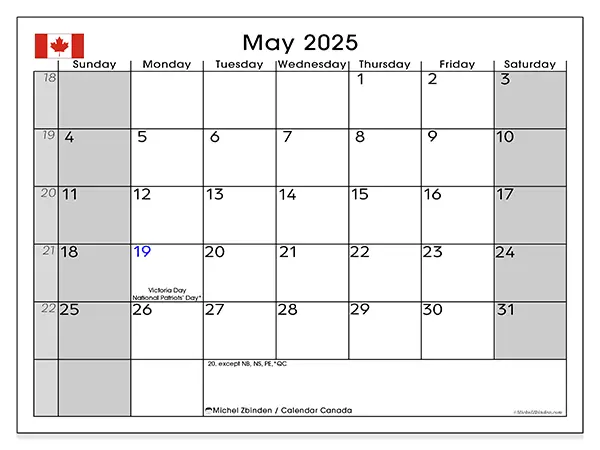 Free printable calendar Canada, May 2025. Week:  Sunday to Saturday