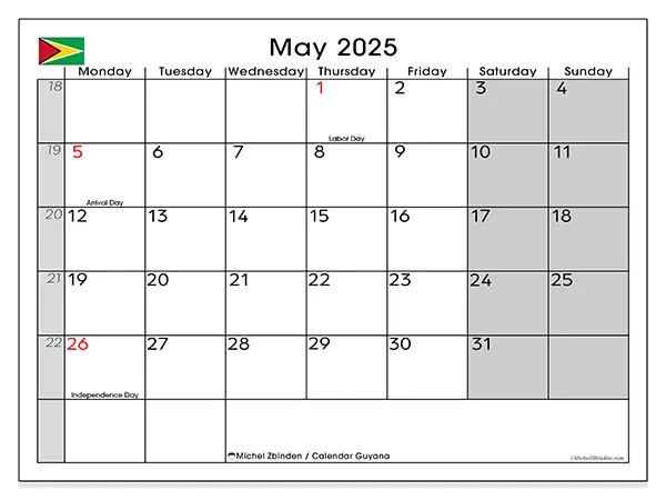 Guyana printable calendar for May 2025. Week: Monday to Sunday.