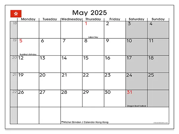 Hong Kong printable calendar for May 2025. Week: Monday to Sunday.