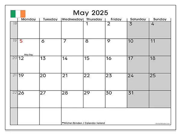Ireland printable calendar for May 2025. Week: Monday to Sunday.