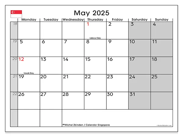Singapore printable calendar for May 2025. Week: Monday to Sunday.