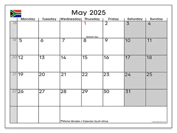 South Africa printable calendar for May 2025. Week: Monday to Sunday.
