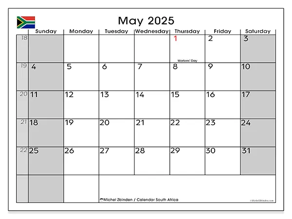 Free printable calendar South Africa, May 2025. Week:  Sunday to Saturday
