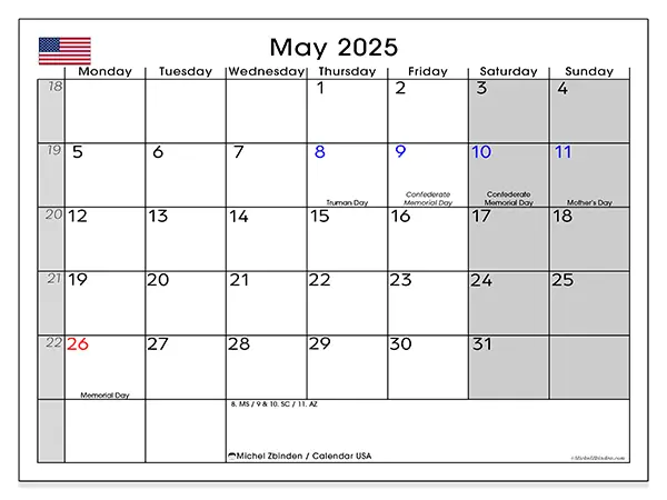 USA printable calendar for May 2025. Week: Monday to Sunday.