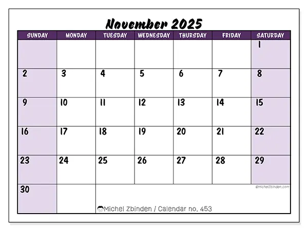 Free printable calendar n° 453, November 2025. Week:  Sunday to Saturday