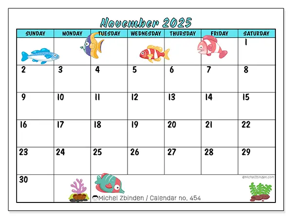Free printable calendar n° 454, November 2025. Week:  Sunday to Saturday