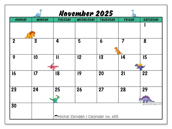 Free printable calendar n° 455, November 2025. Week:  Sunday to Saturday