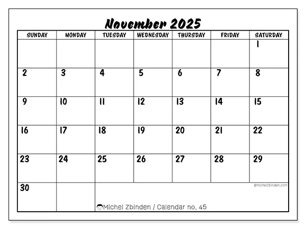 Free printable calendar n° 45, November 2025. Week:  Sunday to Saturday