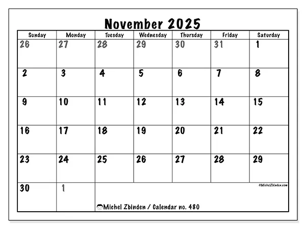 Free printable calendar no. 480, November 2025. Week:  Sunday to Saturday
