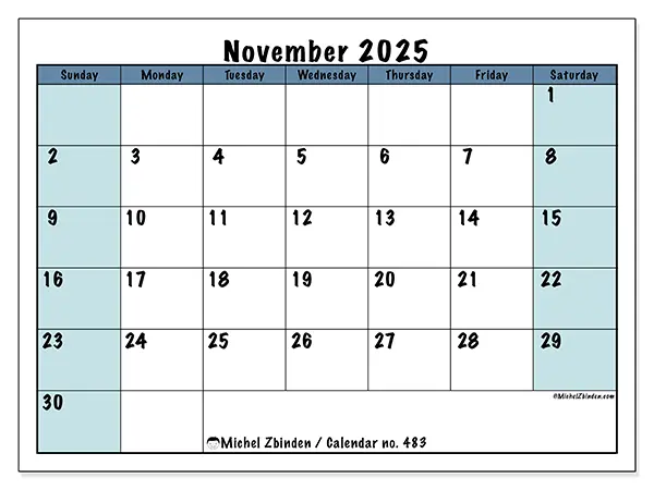 Free printable calendar no. 483, November 2025. Week:  Sunday to Saturday