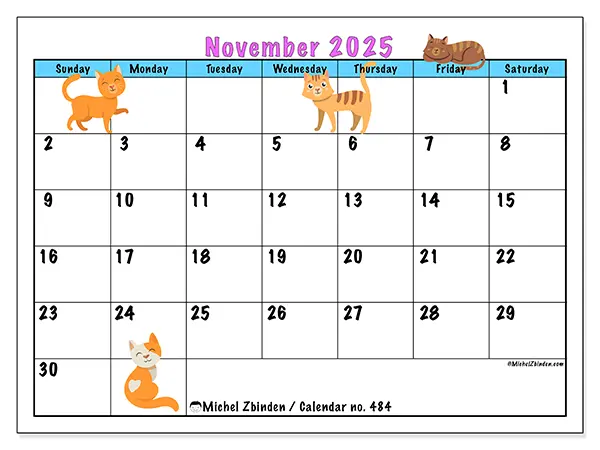 Free printable calendar no. 484, November 2025. Week:  Sunday to Saturday
