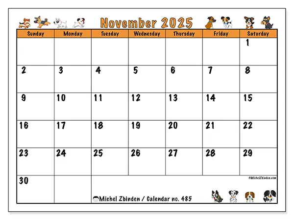 Free printable calendar no. 485, November 2025. Week:  Sunday to Saturday