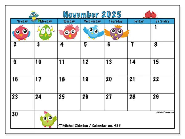 Free printable calendar no. 486, November 2025. Week:  Sunday to Saturday
