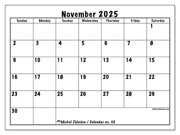 Free printable calendar no. 48, November 2025. Week:  Sunday to Saturday