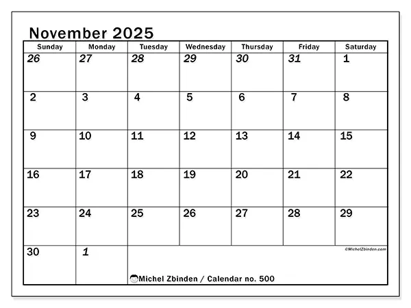 Free printable calendar no. 500, November 2025. Week:  Sunday to Saturday