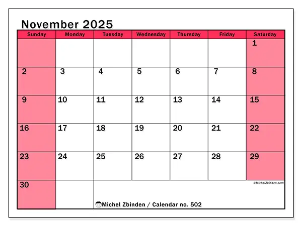 Free printable calendar no. 502, November 2025. Week:  Sunday to Saturday
