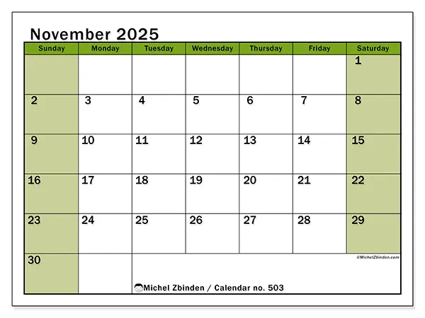Free printable calendar no. 503, November 2025. Week:  Sunday to Saturday