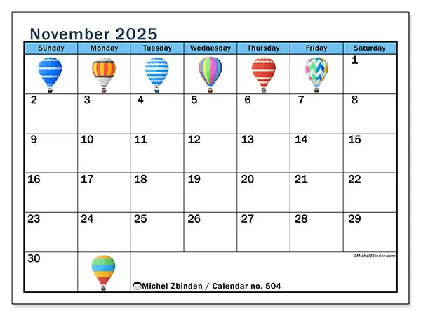 Free printable calendar no. 504, November 2025. Week:  Sunday to Saturday