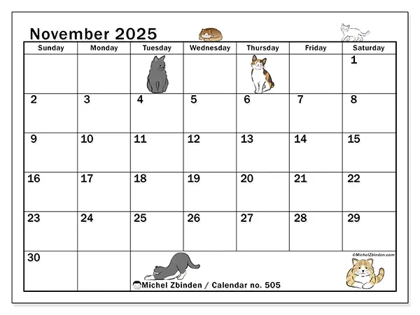 Free printable calendar no. 505, November 2025. Week:  Sunday to Saturday