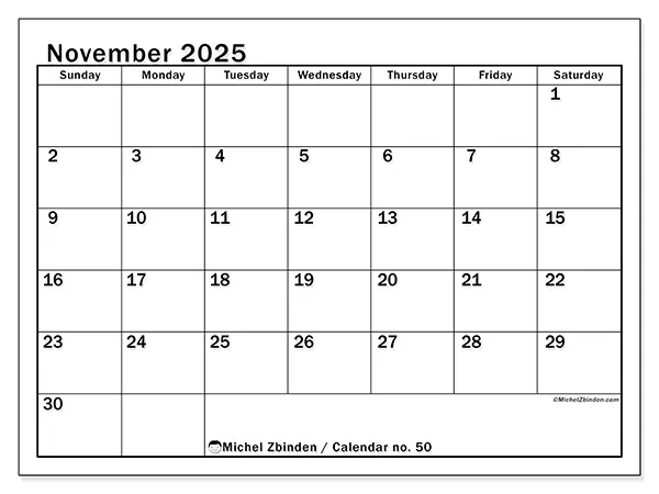 Free printable calendar no. 50, November 2025. Week:  Sunday to Saturday