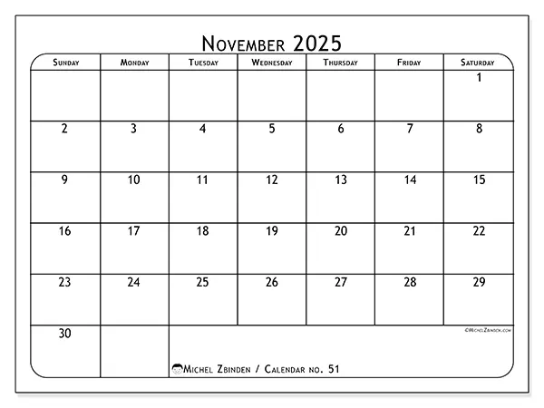 Free printable calendar no. 51, November 2025. Week:  Sunday to Saturday
