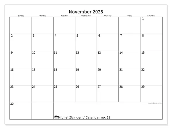 Free printable calendar no. 53, November 2025. Week:  Sunday to Saturday