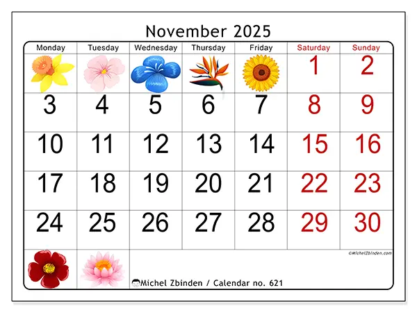 November 2025 calendar no. 621 - Flowers - Michel Zbinden EN