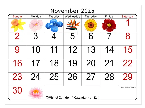 Free printable calendar no. 621, November 2025. Week:  Sunday to Saturday