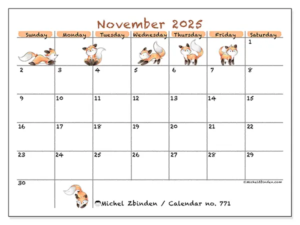 Free printable calendar no. 771, November 2025. Week:  Sunday to Saturday
