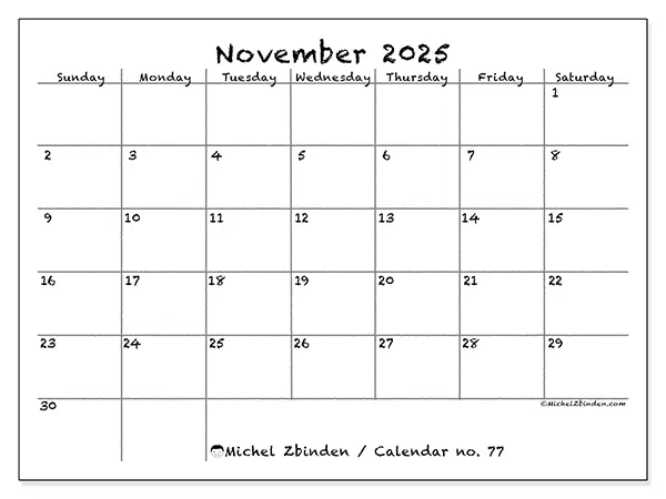 Free printable calendar no. 77, November 2025. Week:  Sunday to Saturday