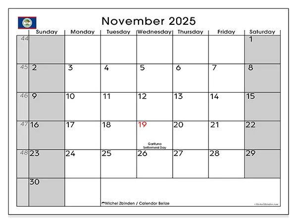 Free printable calendar Belize, November 2025. Week:  Sunday to Saturday