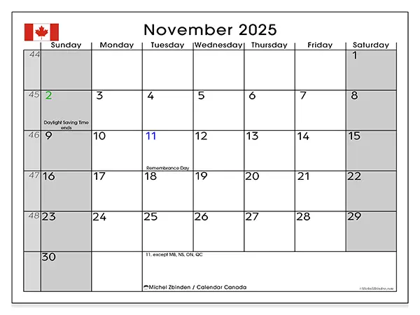 Free printable calendar Canada, November 2025. Week:  Sunday to Saturday