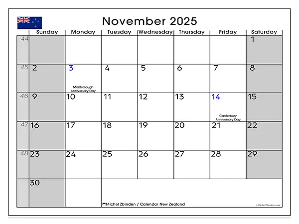 Free printable calendar New Zealand, November 2025. Week:  Sunday to Saturday