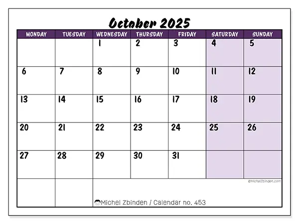 Free printable calendar n° 453, October 2025. Week:  Monday to Sunday