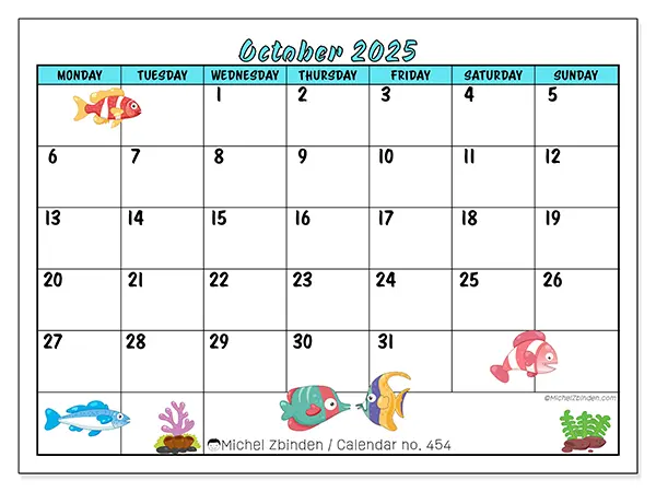 Free printable calendar n° 454, October 2025. Week:  Monday to Sunday